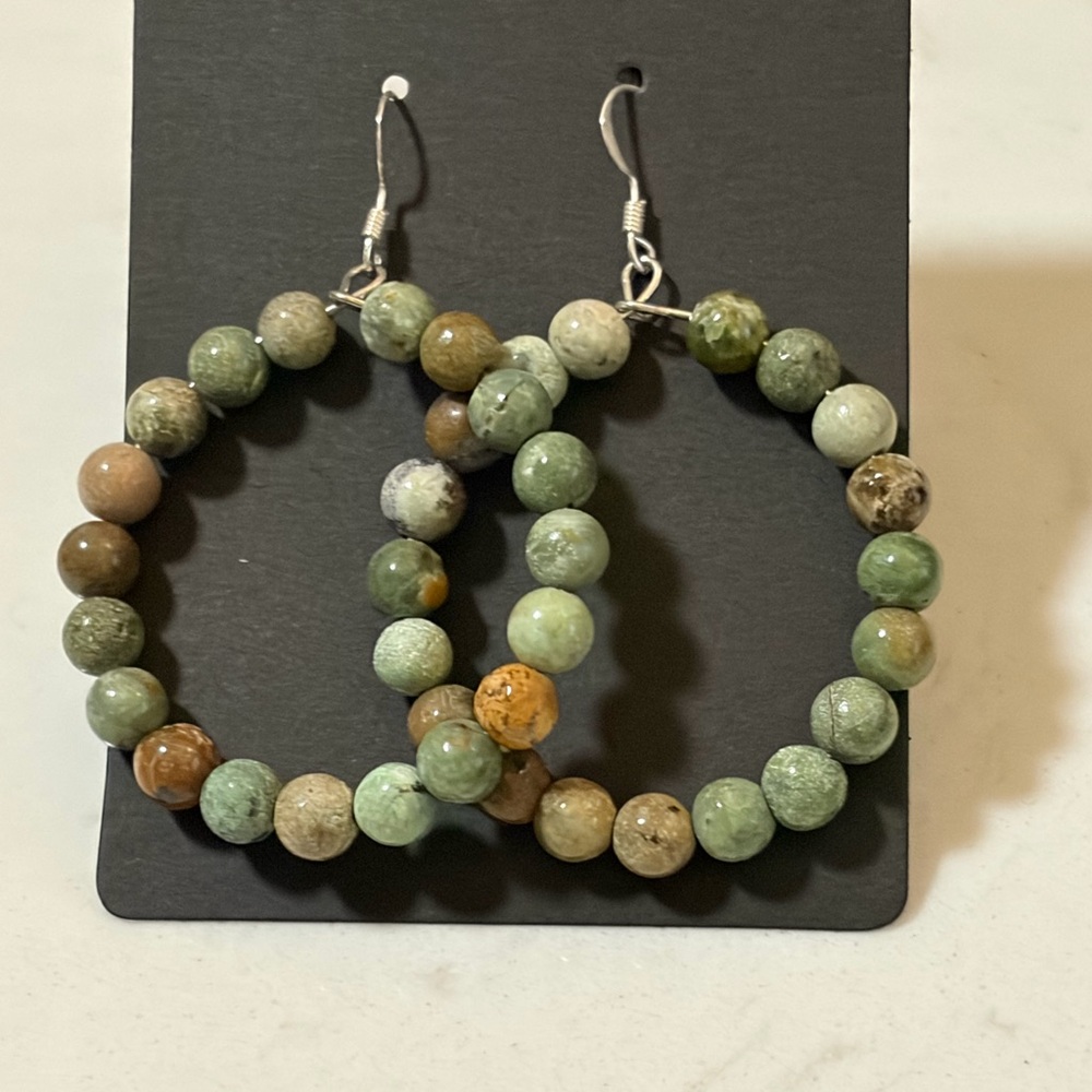 Green Opal Beaded Hoop Earrings